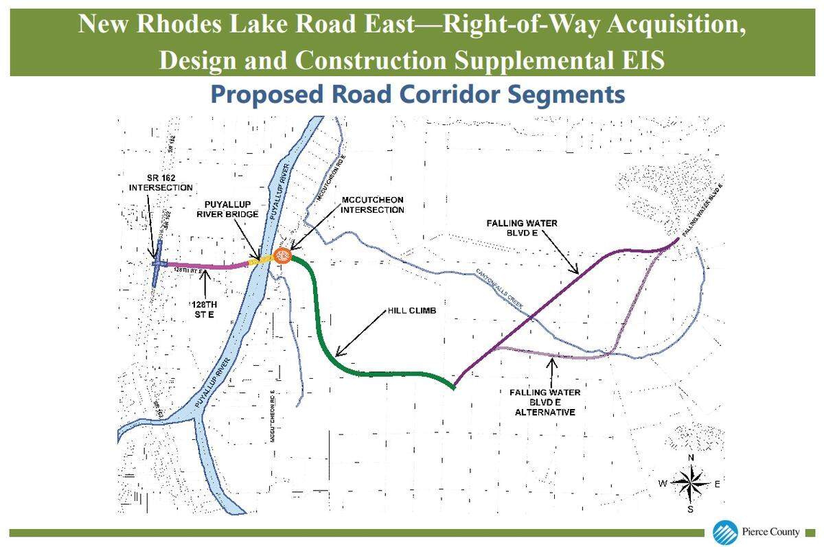 A map shows the location of the new Rhodes Lake Road East in Tehaleh, which connects Falling Water Boulevard to McCutcheon Road East. Sept. 2018