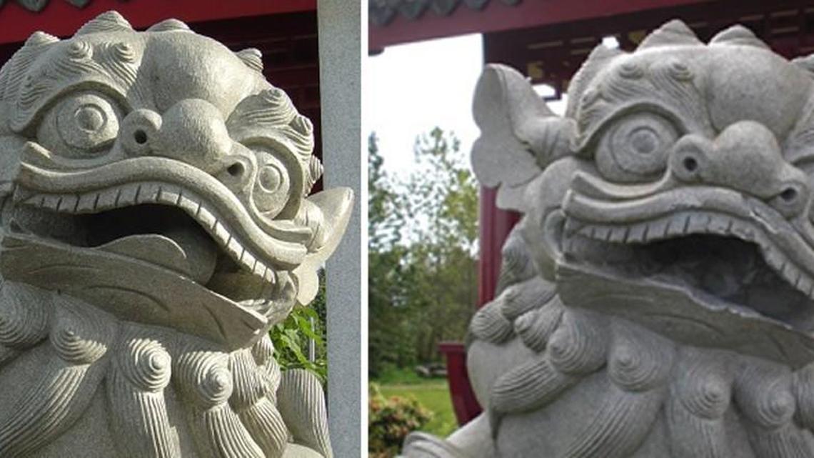 The lions at the Chinese Reconciliation Park in Tacoma were vandalized recently, with their mouths being broken and the granite balls inside them being taken. At left is the pavilion's left lion when it was installed in 2011, and at right is a picture of it from last week.