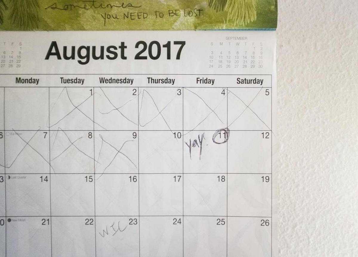 A calendar on Jacey Harris' wall marks the day when she graduates baby court. Photographed in Puyallup, Wash., on Thursday, Aug. 10, 2017.