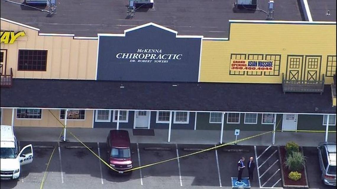 Two men died by gunfire Wednesday inside a McKenna chiropractic office in an apparent homicide-suicide, according to the Pierce County Sheriff’s Department.
