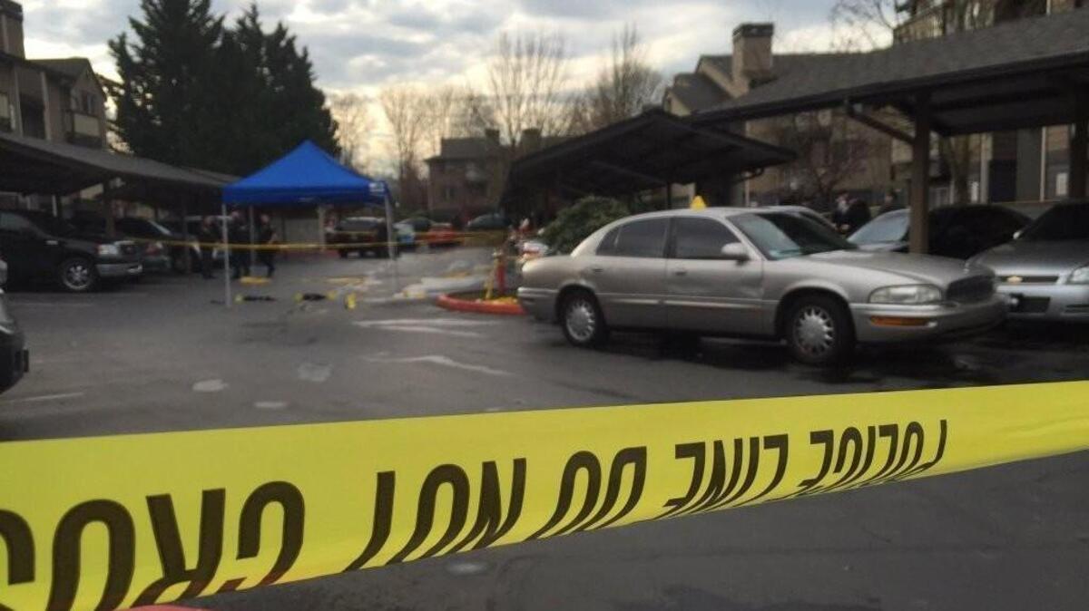 Investigators work the scene of a shooting Sunday at a Renton apartment complex.