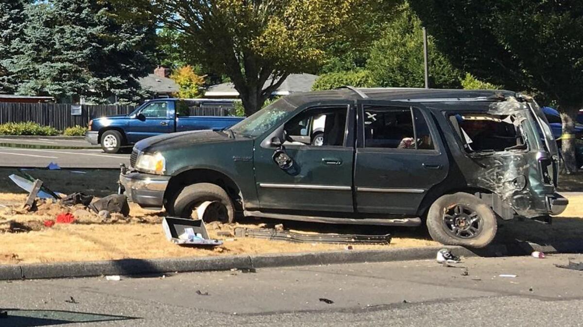 A truck that rolled and hit a utility pole at the intersection of N. Stevens Street and N. 14th Street on Monday, July 24, 2017.