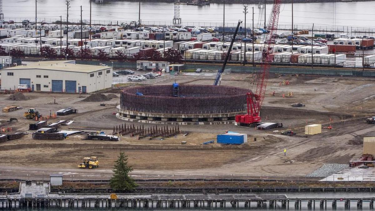 Puget Sound Energy is constructing a $310 million liquified natural gas (LNG) facility, seen here in October 2017, at the Port of Tacoma. A number of groups oppose the plant and have engaged in protests against it.