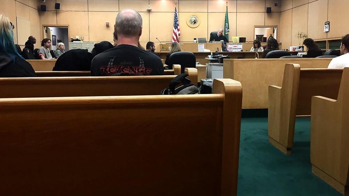 The scene inside the forensic mental health court. The judge is Edmund Murphy.