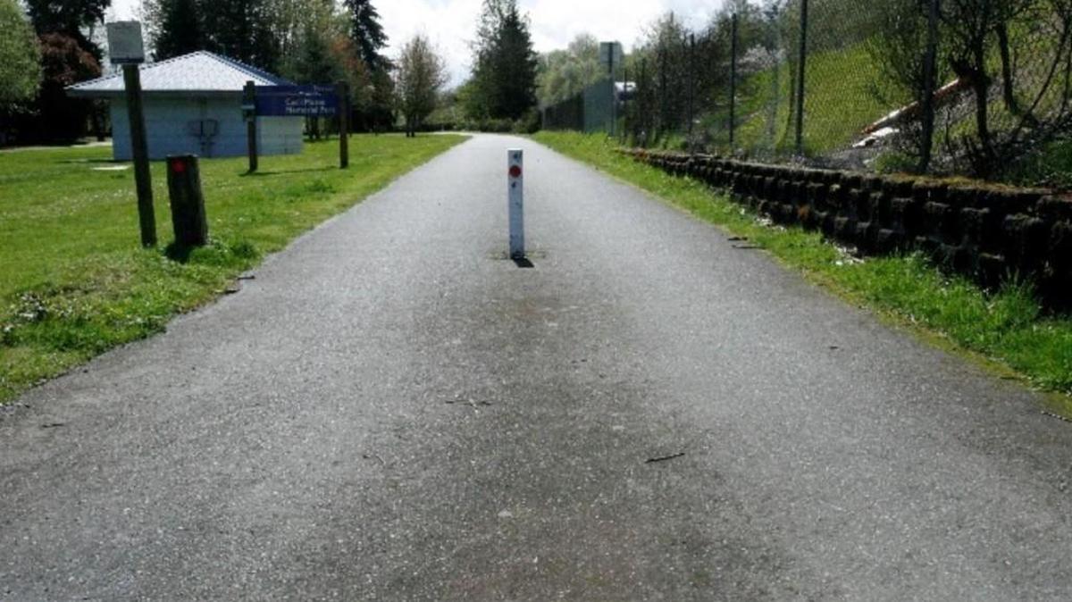 A bollard pictured near Cecil Moses Memorial Park in Tukwila, on the Green River Trail, is the post that Carl Schwartz hit March 13, 2017. The wreck caused him catastrophic injury, his lawsuit says.