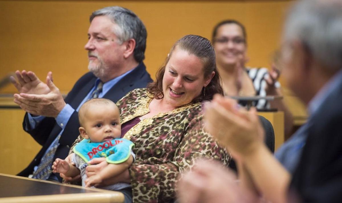 Jacey Harris and Jackson appear for a baby court session at Remann Hall in Tacoma, Wash., on Friday, June 9, 2017.