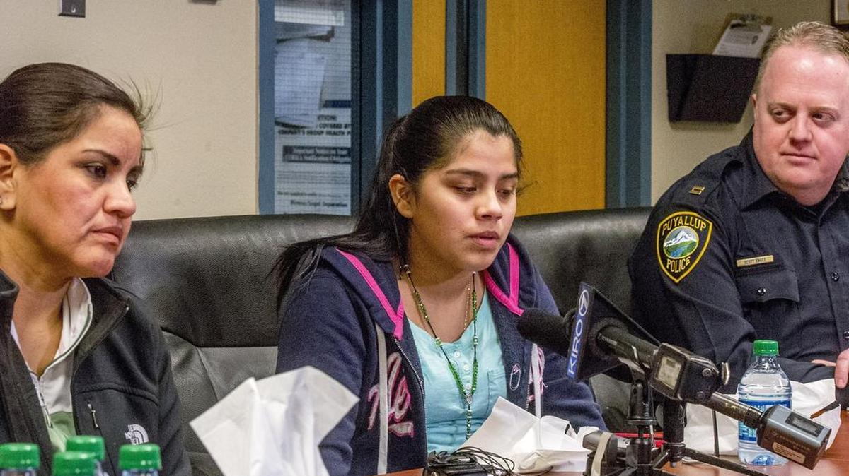 Nathalee Gonzalez, 16, talks about her dad, Jose Luis Gonzalez-Olaguez, at Puyallup Police headquarters in Puyallup in February. Her mother, Maria Lopez, left, is the ex-wife of Jose Luis Gonzalez-Olaguez. Jose Luis Gonzalez was killed in a drunken driving accident in downtown Puyallup, and his family is suing over his death.