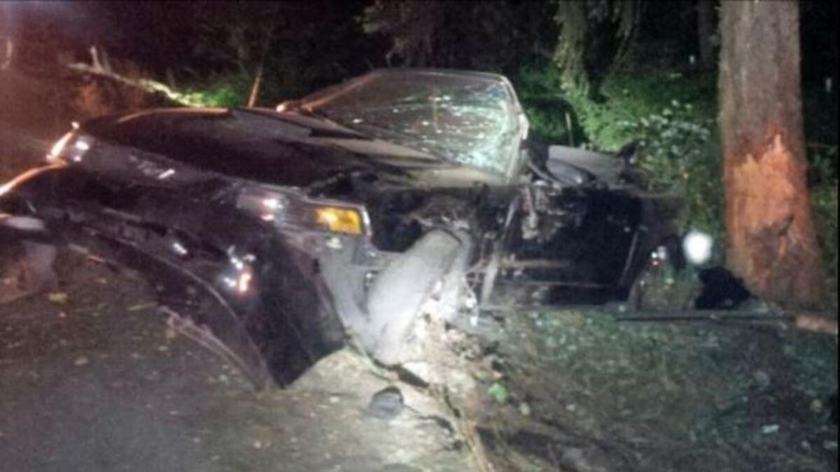 The driver of a Mustang convertable was injured when his car hit a tree Tuesday night in Spanaway.