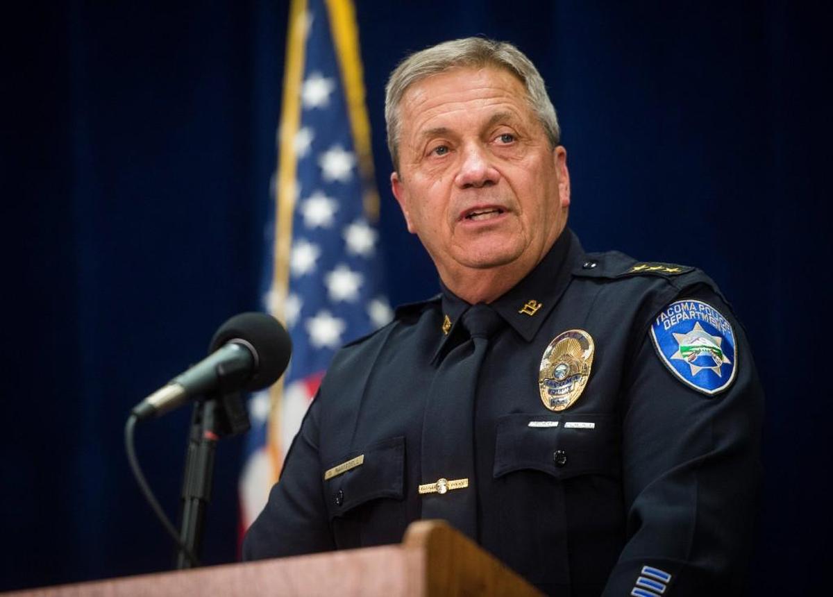 Police Chief Ronald Ramdsdell speaks during a press conference about the Jennifer Bastian case at the Tacoma Police Headquarters in Tacoma, Wash., on Monday, May 14, 2018. Bastian went missing Aug. 4, 1986, and her body was discovered 24 days later. Robert Washburn, 60, was arrested at his apartment in Eureka, Illinois, and charged with first-degree murder. He was linked to the case through a voluntary DNA sample. He is being extradited to Pierce County from Illinois.