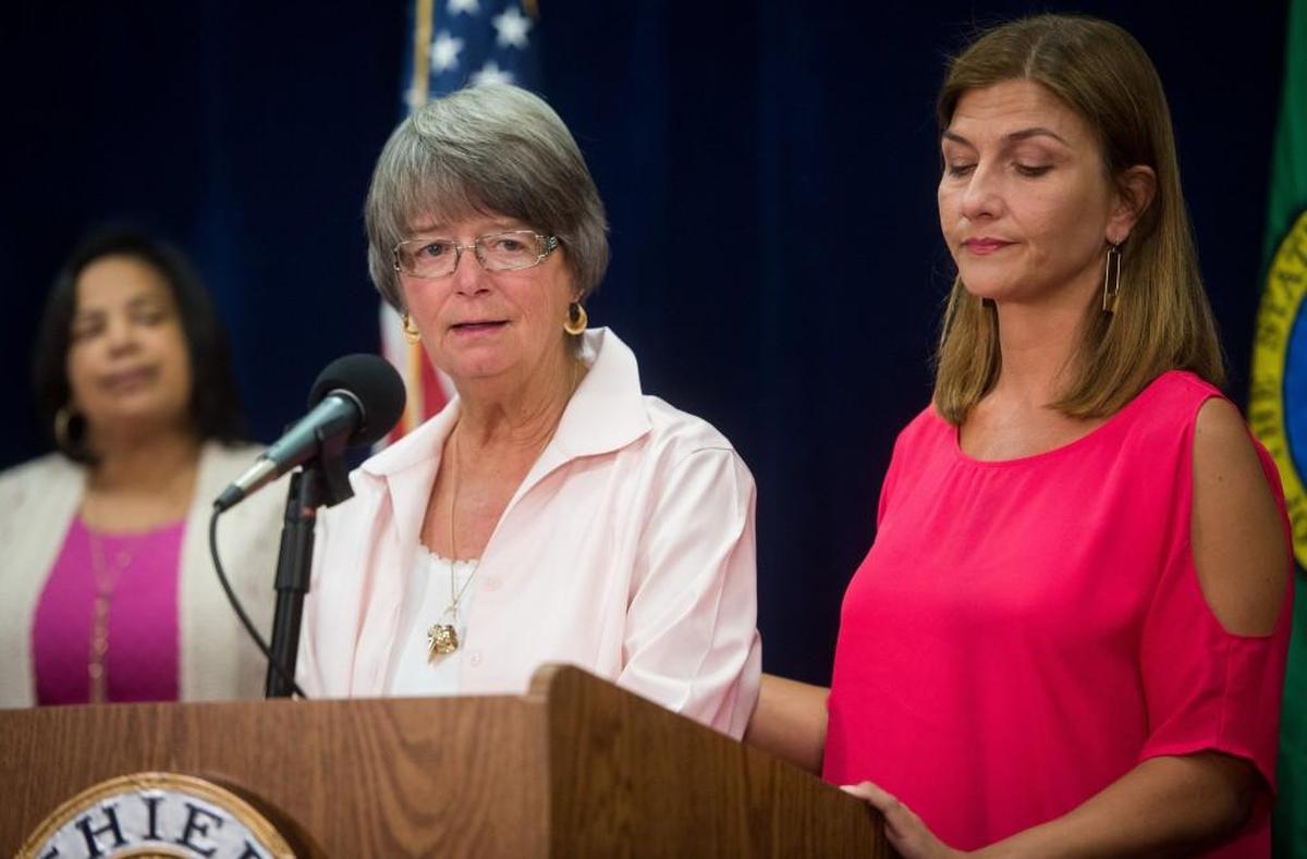 Pattie Bastian, Jennifer Bastian's mother, left, speaks during press conference about the Jennifer Bastian case while her daughter, Theresa Bastian, stands beside her at the Tacoma Police Headquarters in Tacoma, Wash., on Monday, May 14, 2018. Bastian went missing Aug. 4, 1986, and her body was discovered 24 days later. Robert Washburn, 60, was arrested at his apartment in Eureka, Illinois, and charged with first-degree murder. He was linked to the case through a voluntary DNA sample. He is being extradited to Pierce County from Illinois.