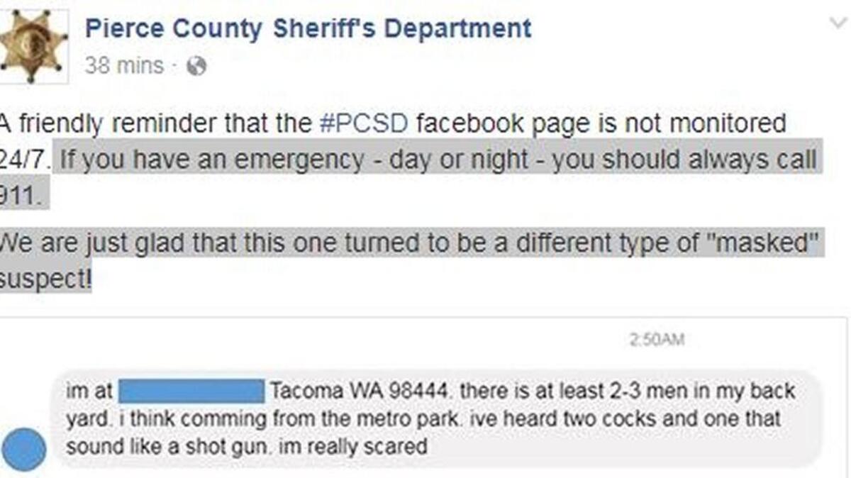 Pierce County Sheriff’s Department shares comical social media post on Facebook to remind people to call 911 during emergencies.