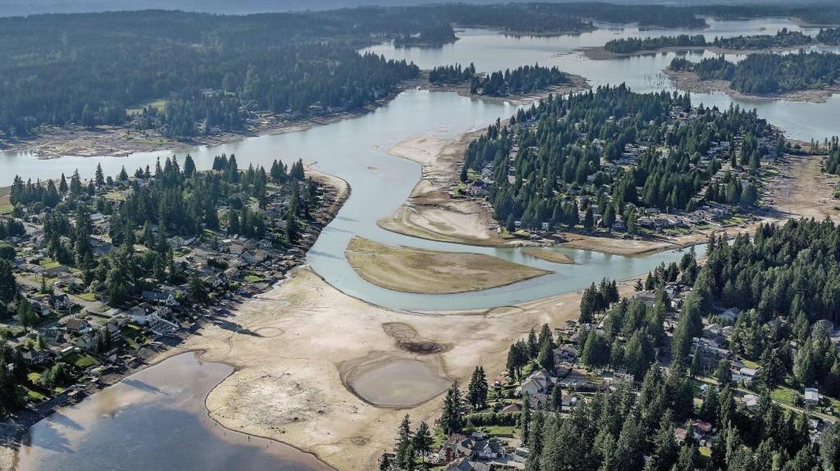 Lake Tapps is seen with a low water level on May 28. The reservoir will be drawn down in late November to protect the dikes from winter winds and stormy conditions.