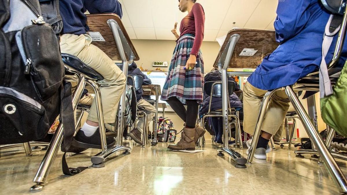 Chandell Dixon teaches inside her classroom at Destiny Charter Middle School on Thursday.
