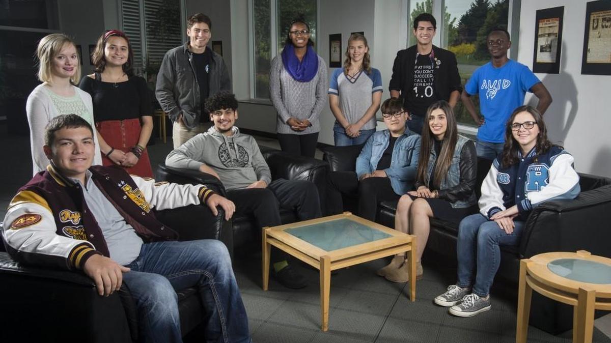 The 2017 All-Star Graduates gather for a group portrait in the lobby of The Tacoma News Tribune in Tacoma, Wash., on Wednesday, May 17, 2017. From left: Ryan Lusk, Emily Benoit, Reily Savenetti, Tommy Martin, Issiah Cuadras, Audrey Fernandez, Susie Noble, Sang Lee, Antonio Ramirez, Kiana Taghavi, Sam Munyaga, and Taylor Adriance.