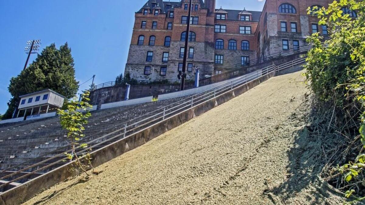 Repair work to fix the stairway in Stadium Bowl that had been undermined by flooding water has been finished. Photo taken May 31.