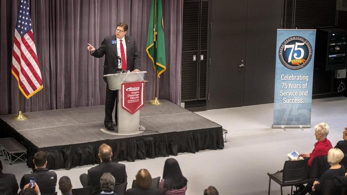 Bates president Dr. Ron Langrell speaks to the crowd at the official opening of the Advanced Technology Center at Bates Technical College’s Central/Mohler Campus in Tacoma on Jan. 7.