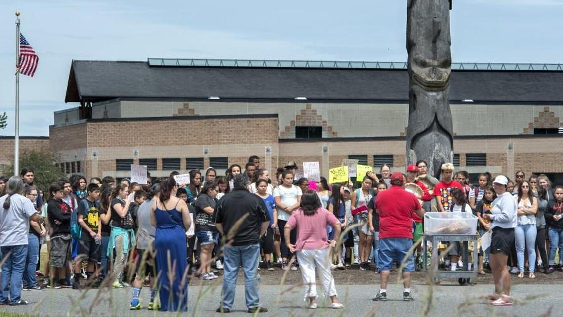 Chief Leschi Schools students protest the layoffs of teachers and other staff on June 1, 2016. The layoffs and protest were part of Amy Eveskcige’s turbulent first year as superintendent of the tribal school.