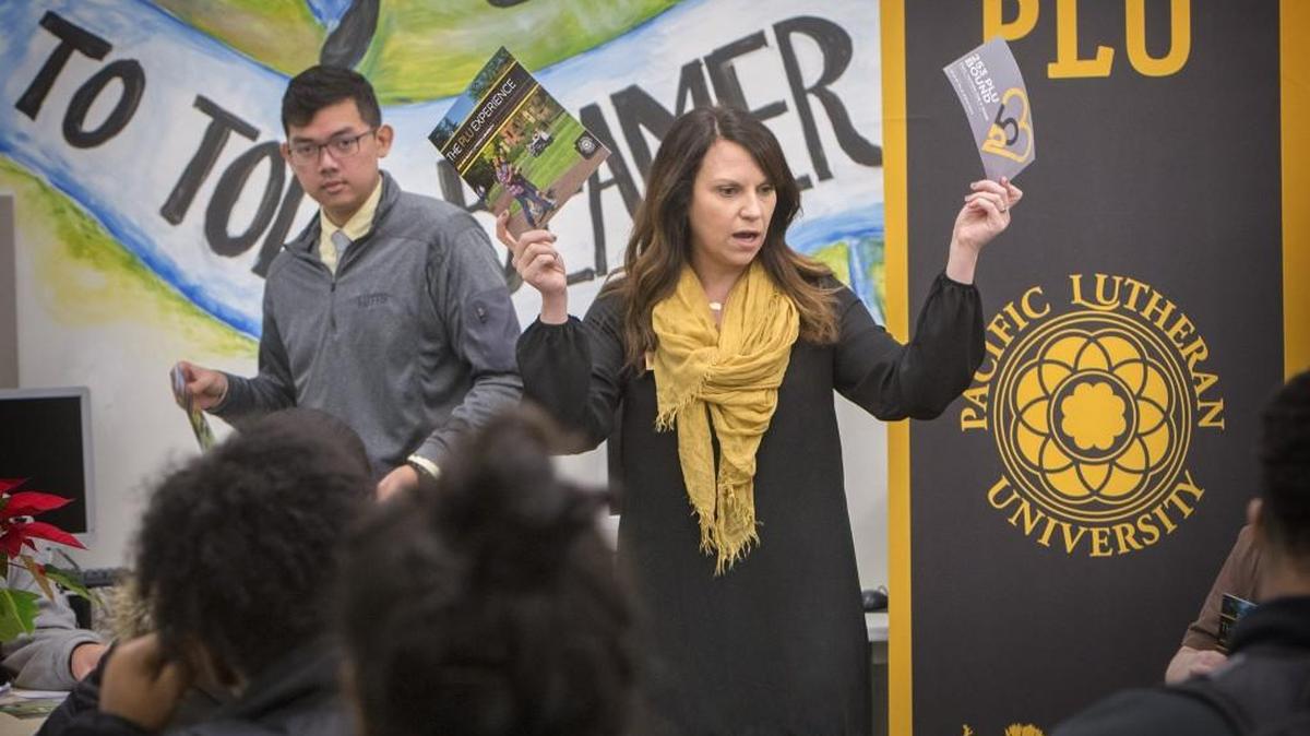 Melody Ferguson, director of admissions at Pacific Lutheran University, discusses the school and its new 253 PLU Bound scholarship program with Todd Beamer High School students last week in Federal Way. The new program would pay for four years of tuition at PLU.