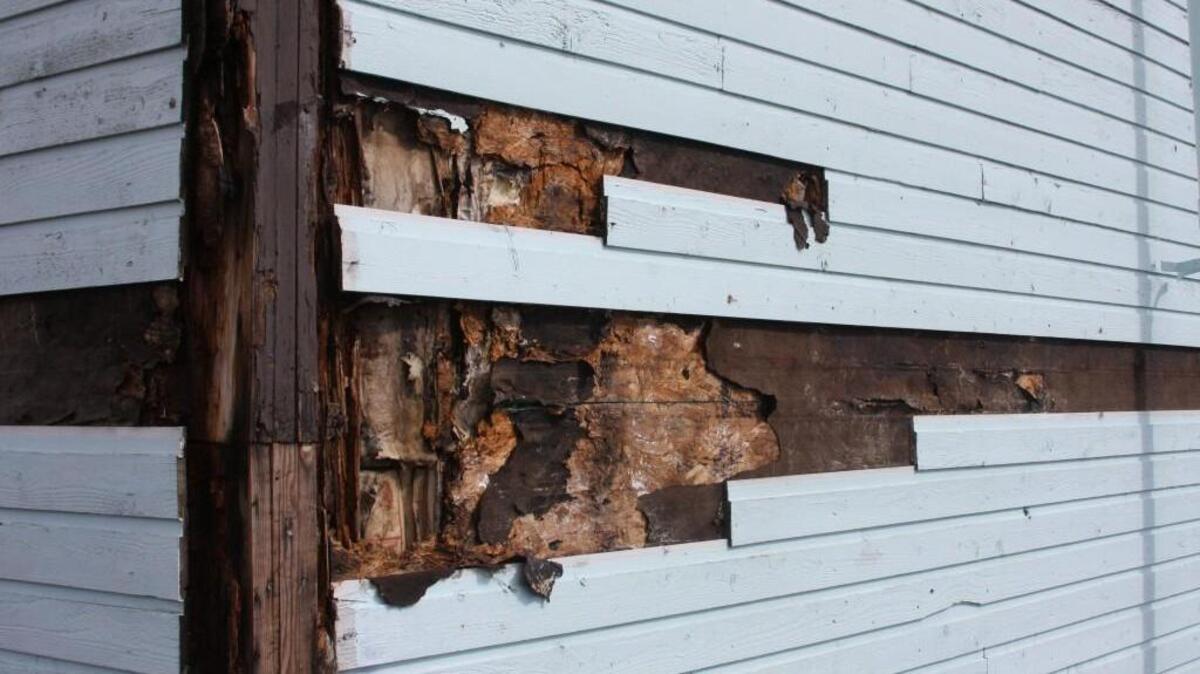 A photo taken in August shows wood rot at the southeast corner of the Ford Middle School gymnasium, which was built in 1958. The gym will be replaced if a $157 million bond passes in November.