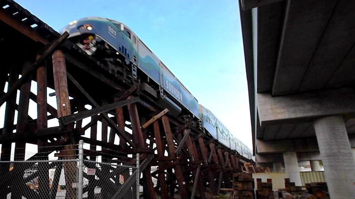A southbound Sounder train travels across the old wooden trestle toward Tacoma Dome station in this February 2017 photo. Sound Transit announced this week it will add two round-trip trains to the popular south line, which connects Pierce County to Seattle.