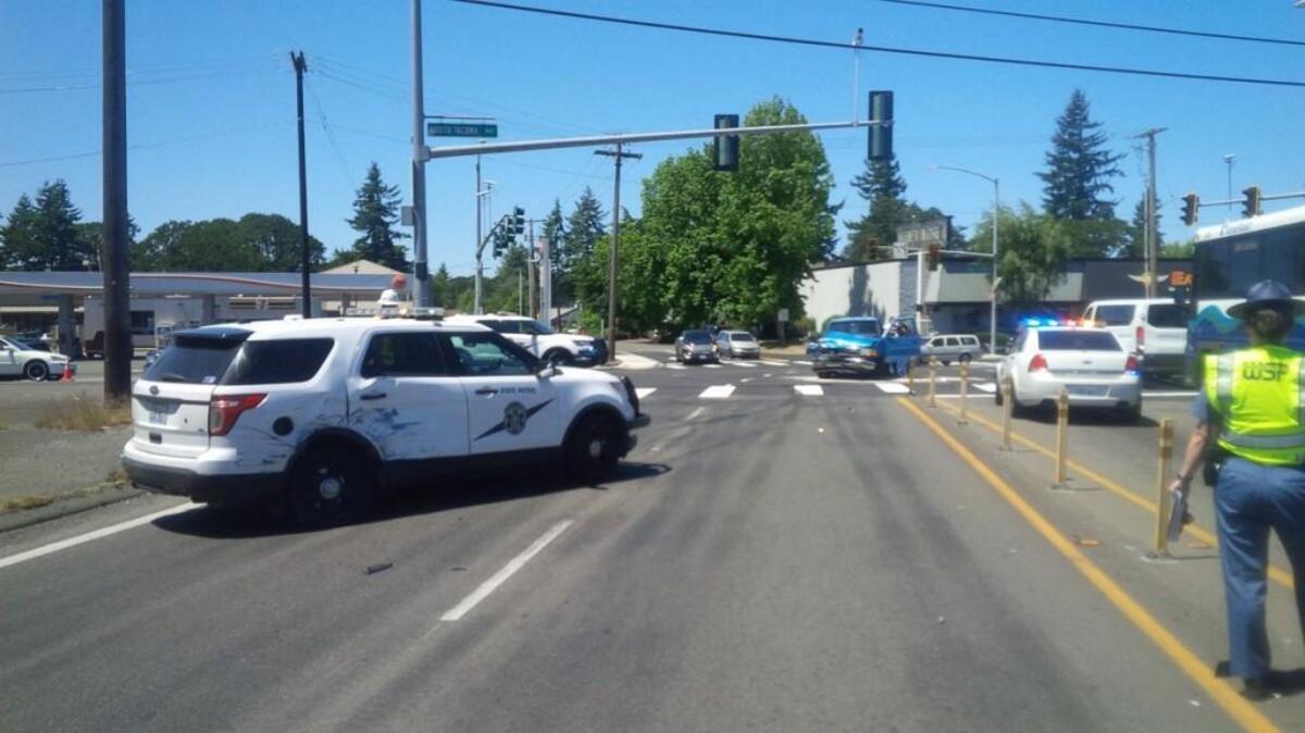 A Washington State Patrol trooper was T-boned on Saturday afternoon at the intersection of state Route 512 and South Tacoma Way in Lakewood, spokeswoman Brooke Bova said.