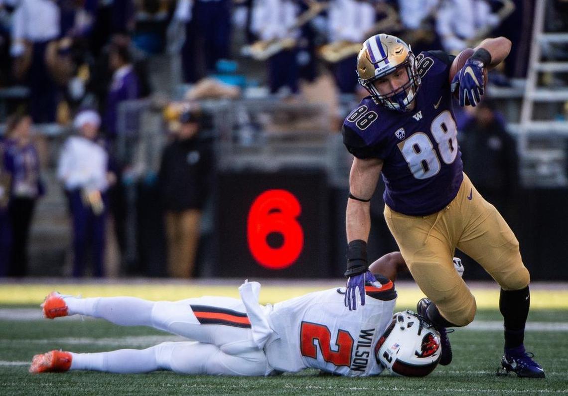 Washington tight end Drew Sample (88) runs after a catch in the second quarter. The Washington Huskies played the Oregon State Beavers in a NCAA football game at Husky Stadium in Seattle, Wash., on Saturday, Nov. 17, 2018.