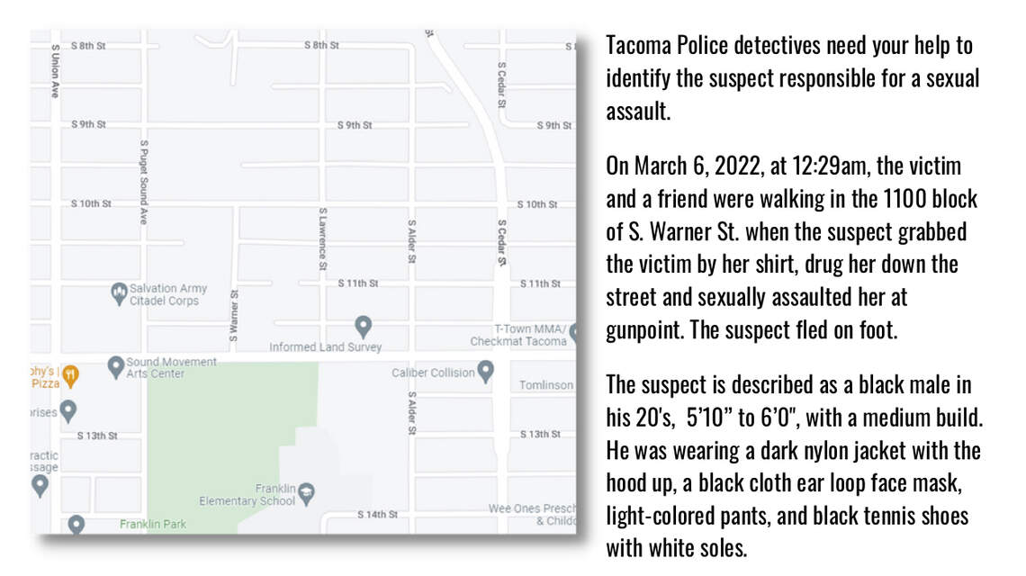 Tacoma police look for man suspected of sexually assaulting woman at gunpoint on March 6