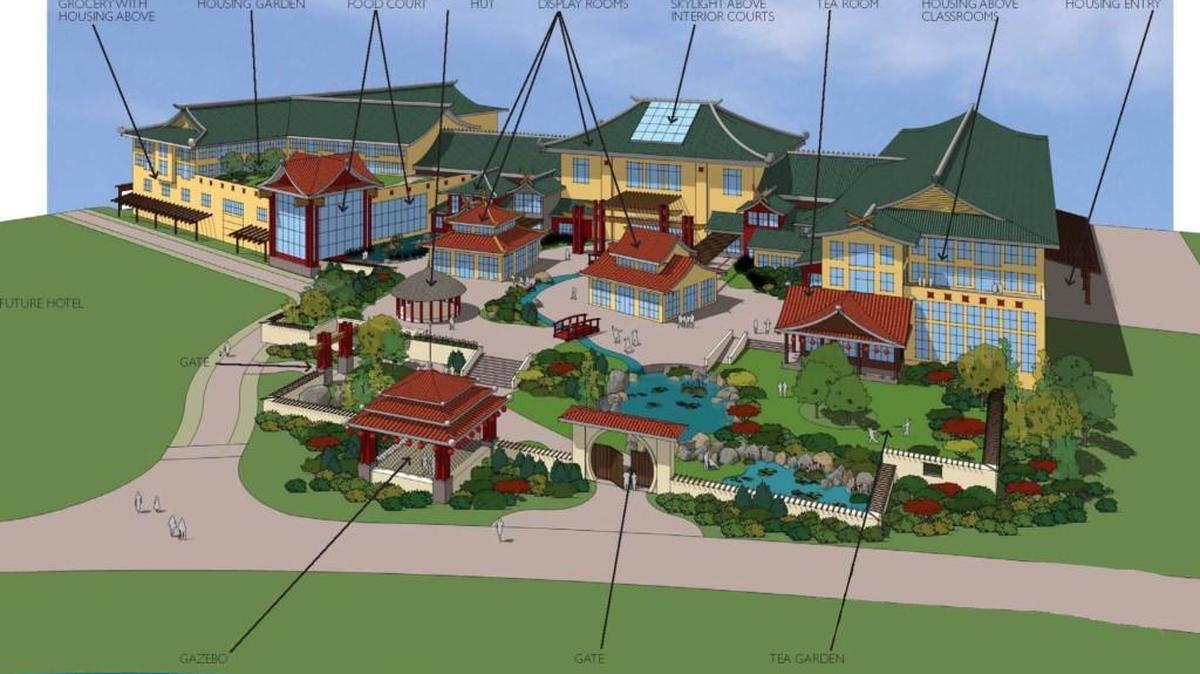 The Asia Pacific Cultural Center’s latest rendering for its proposed $94 million Point Ruston facility shows space for 47 exposition suites, Asian-inspired gardens, a grocery store, 200 housing units, a theater and a food court.