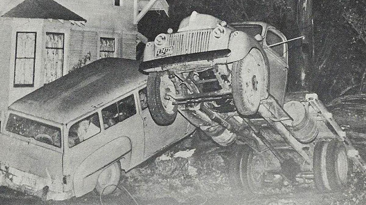 When the Columbus Day Storm roared through Tacoma, a crashing tree at 36th and McKinley avenues landed on the back end of a big truck, tilting the front high in the air and partially crushing a small station wagon parked beside it. Winds were clocked at 85 mph at McChord Air Force Base.