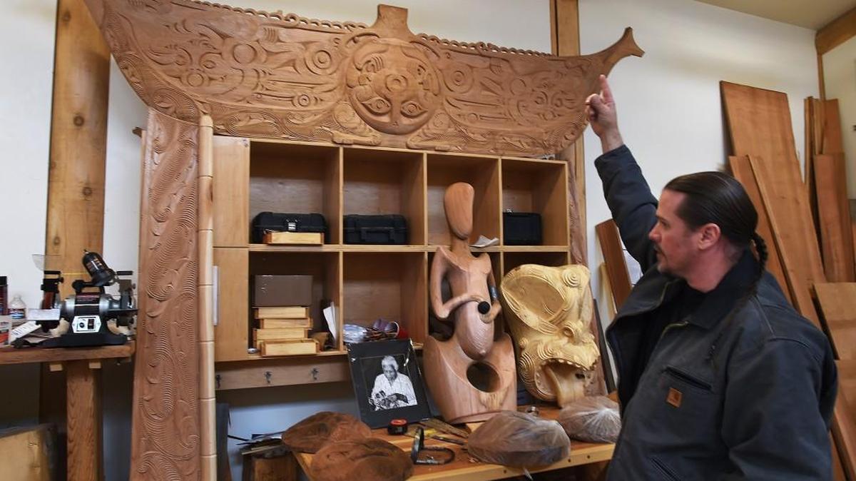 
Standing in the Carving Studio, Salish carver Peter Boome talks about  pieces  being created for the future Fiber Arts Studio. 
