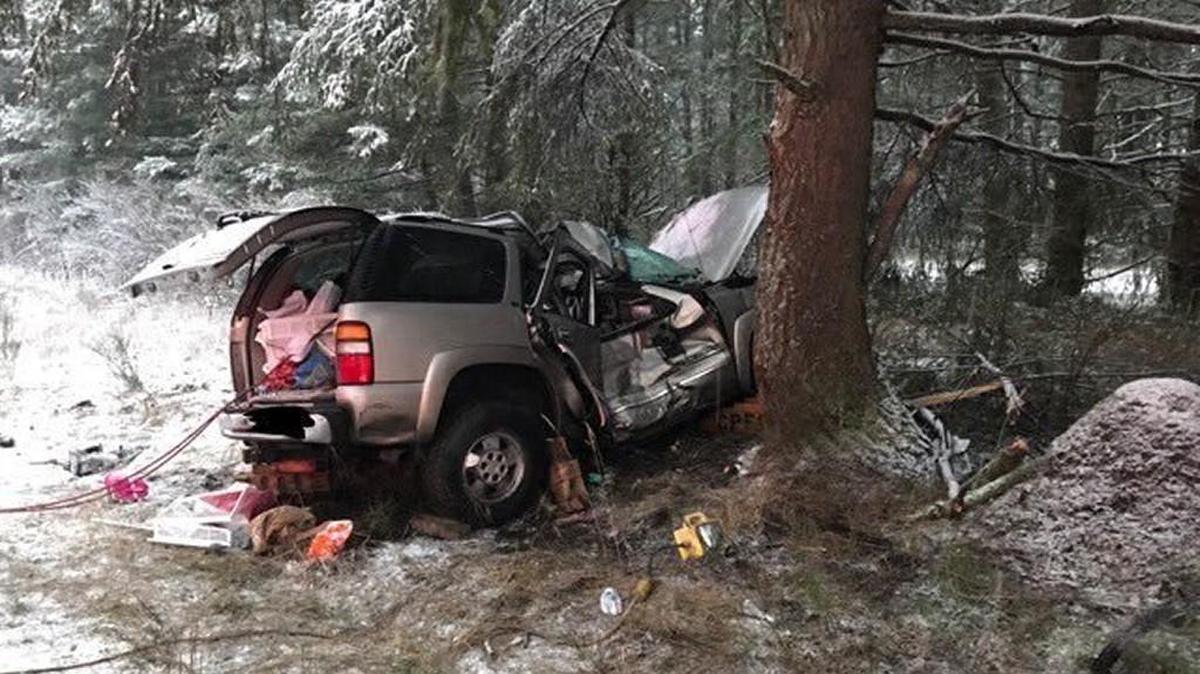 A 62-year-old woman died Sunday afternoon when the vehicle she was riding in on state Route 507 left the road and struck a tree near Roy.