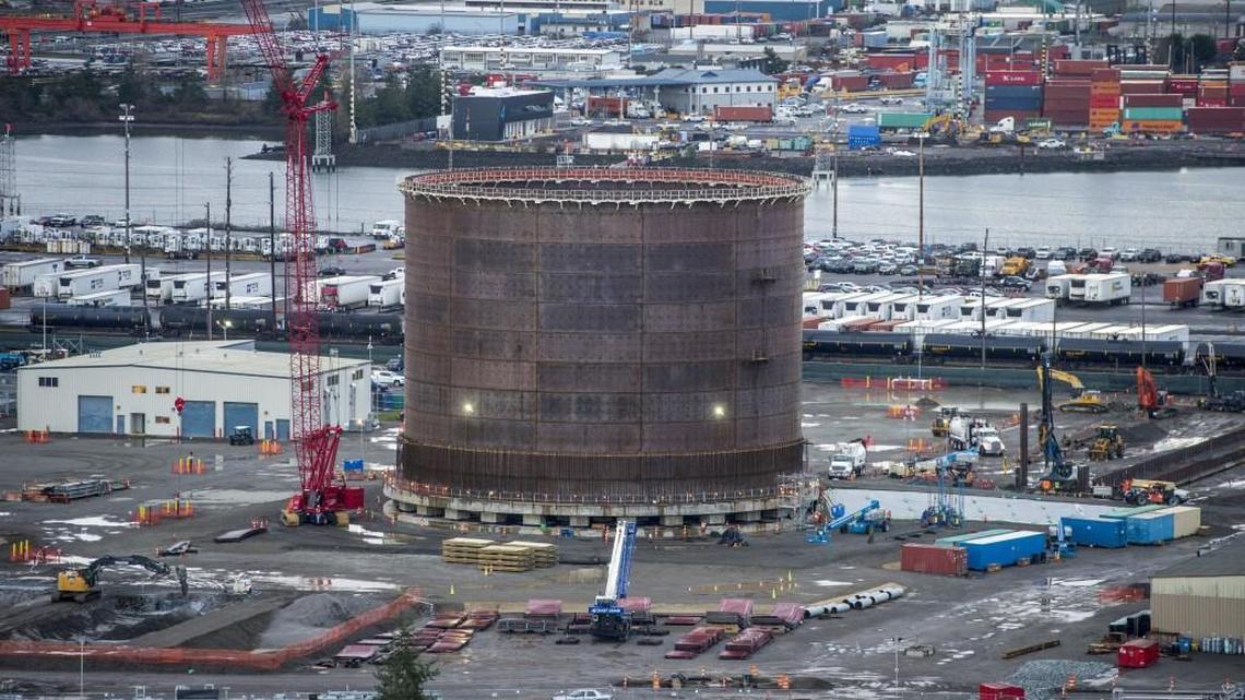 The liquefied natural gas production plant under construction by Puget Sound Energy in Tacoma. The Seattle City Council is considering issuing a resolution saying it is “troubled by” the plant.