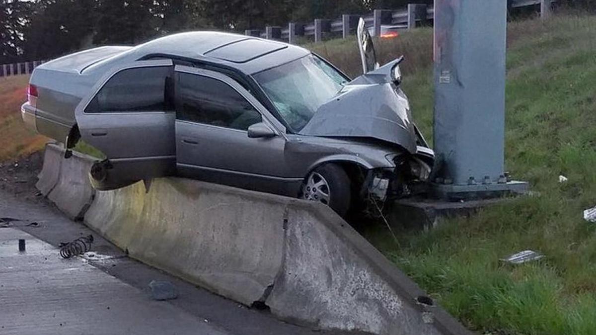 The Washington State Patrol tweeted this photo of the single-car accident that killed the female driver Saturday morning.