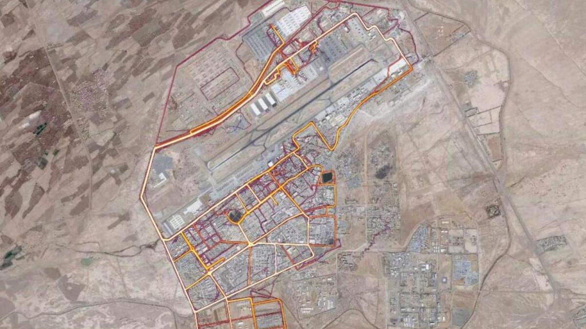A portion of the Strava Labs heat map from Kandahar Airfield in Afghanistan, made by tracking activities.