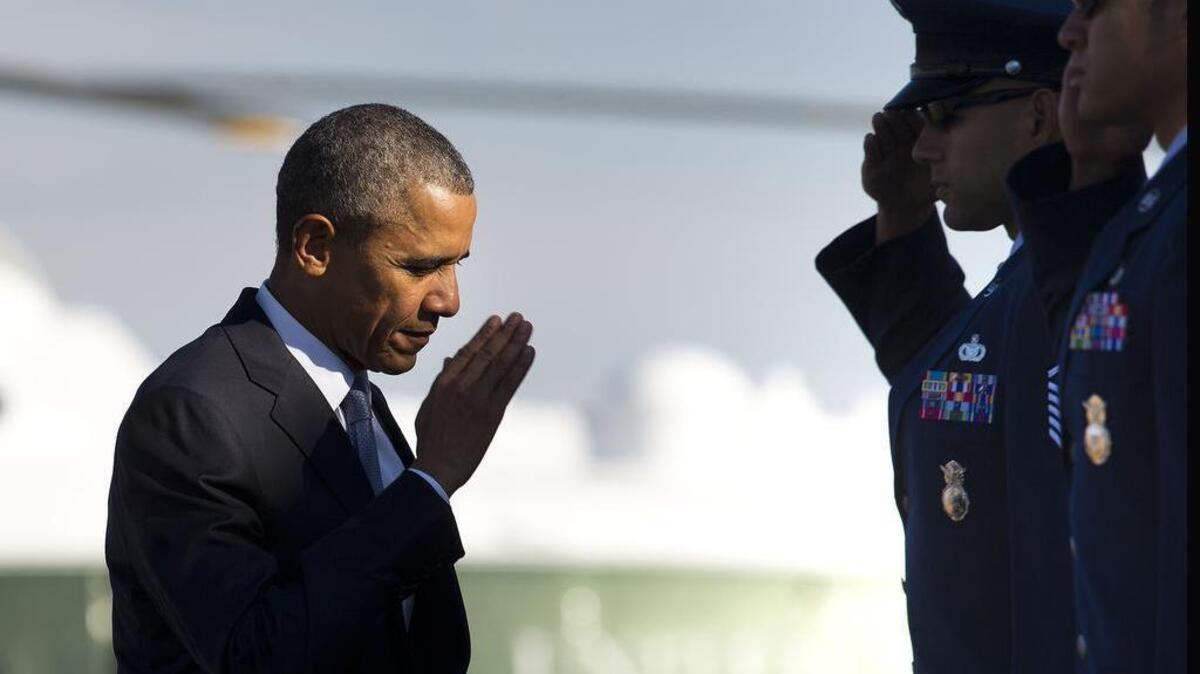 
President Barack Obama returns a salute prior to boarding Air Force One before his departure from Andrews Air Force Base, Md., on Friday, Oct. 9, 2015. Obama will keep 5,500 U.S. troops in Afghanistan when he leaves office in 2017, according to senior administration officials, casting aside his promise to end the war on his watch and instead ensuring he hands the conflict off to his successor.
