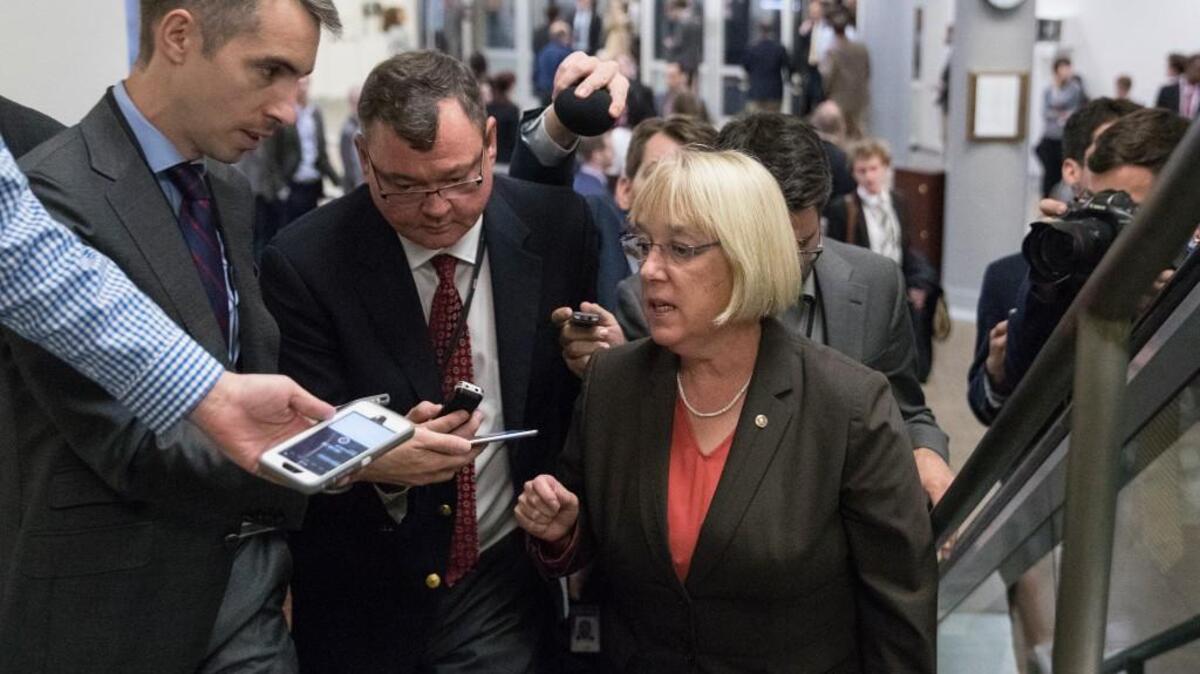Sen. Patty Murray, D-Wash., talks to reporters on Capitol Hill in Washington in October. Murray’s plan to expand eligibility for Post-9/11 caregiver benefits to older generations of veterans and caregivers has been attached to the Senate’s omnibus veterans bill.