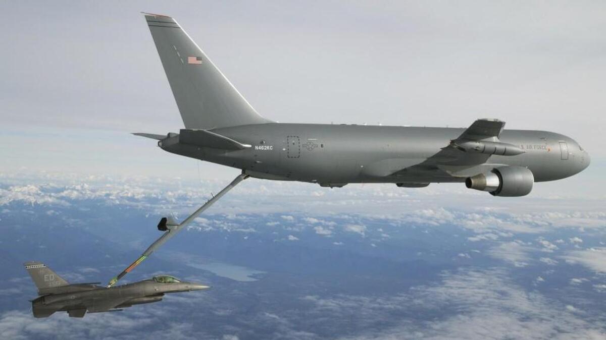 A Boeing KC-46A completed its first refueling test with an F-16 jet on Sunday, Jan. 24 over eastern Washington. Air Force Photo by Staff Sgt. Brandi Hansen.