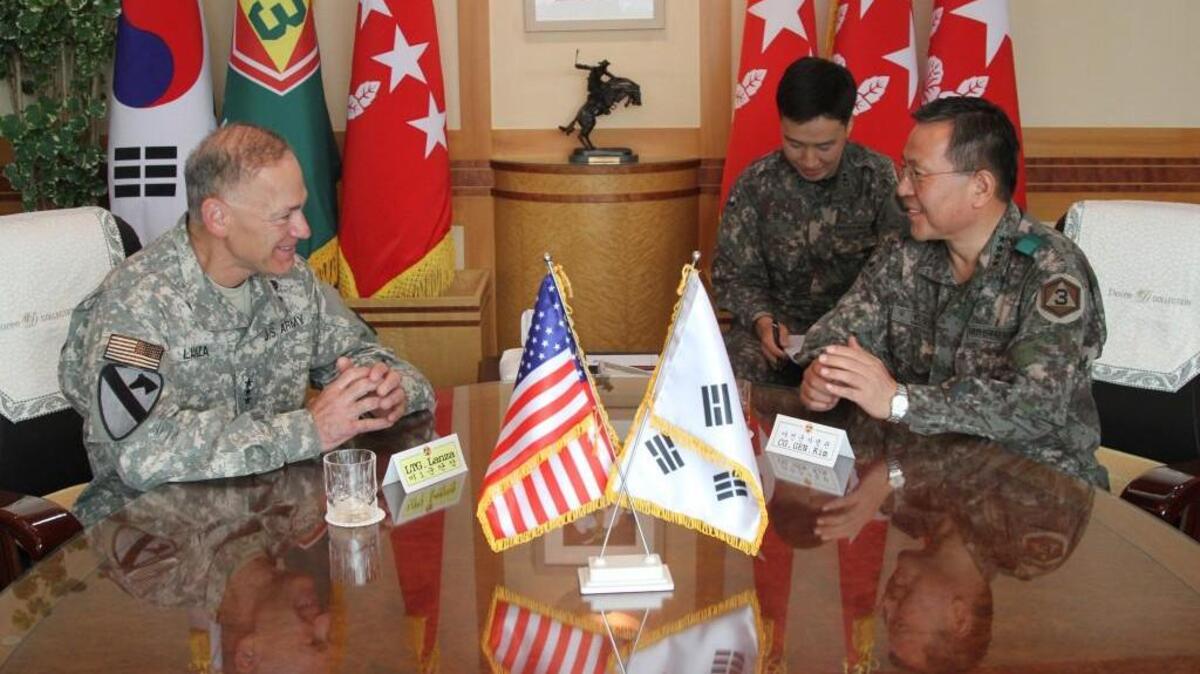 Lt. Gen. Stephen R. Lanza of Joint Base Lewis-McChord’s I Corps participated in annual exercise in South Korea in August. He met with Gen. Hyunjip Kim, Third Republic of Korea Army commanding general on Aug. 21.