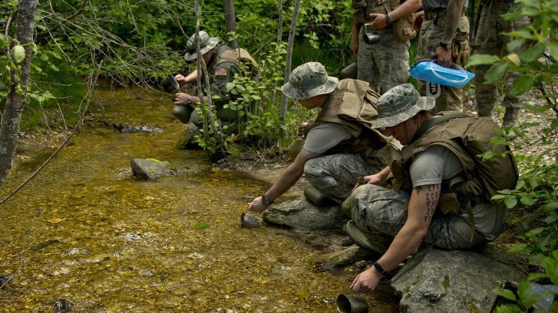 An Air Force program that teaches survival skills to pilots and air crew members has access to 375,000 acres of Colville National Forest as well as some state-managed land in eastern Washington. About 2,500 airmen graduate from the program every year, learning to live behind enemy lines. This photo shows a class in June 2015.