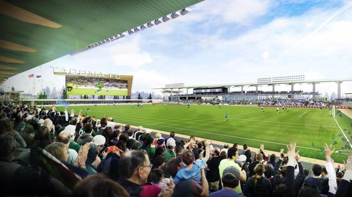 This artist’s rendering shows what a new soccer-specific stadium envisioned in Tacoma for the Sounders 2 squad might look like. The team announced Wednesday it will begin playing games next year in Cheney Stadium.