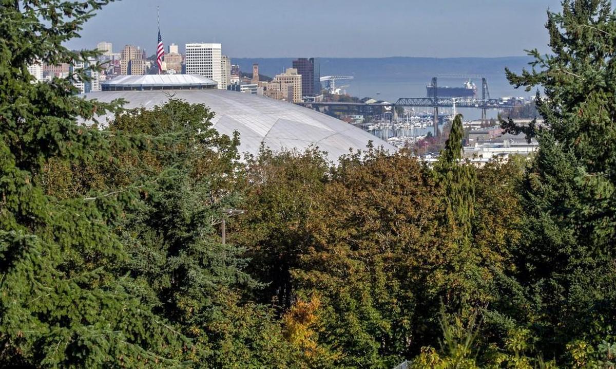 Trees frame the Tacoma Dome and Commencement Bay in 2015.