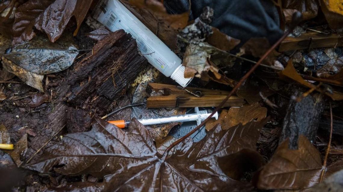 A needle is seen on the ground at the site of a homeless encampment behind Spooner Farms in Puyallup, Wash., on Thursday, Nov. 30, 2017. The Pierce County Council is moving to ban safe-injection sites.
