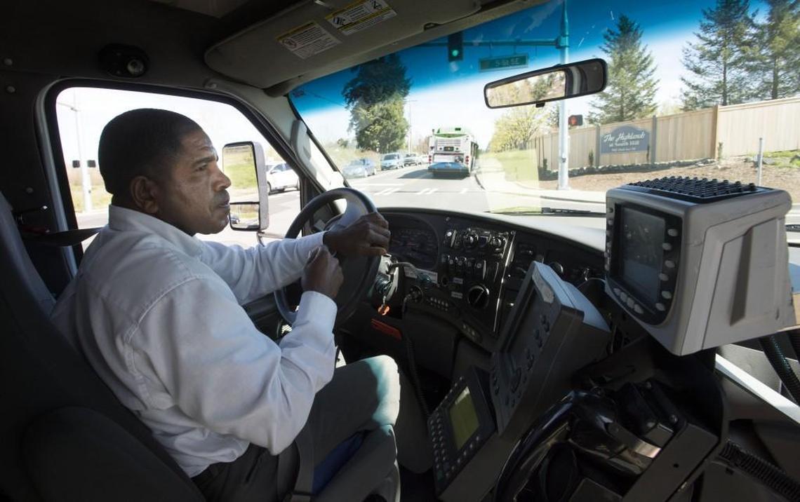 Leo Randolph drives his bus route in Puyallup in 2016. Randolph, a gold medal boxer from Tacoma, is retiring after 36 years at Pierce Transit.