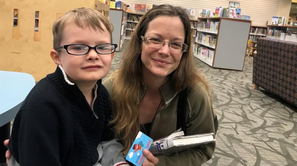 Jackie Blackshaw and her son, Tony, visit the South Hill Library recently.