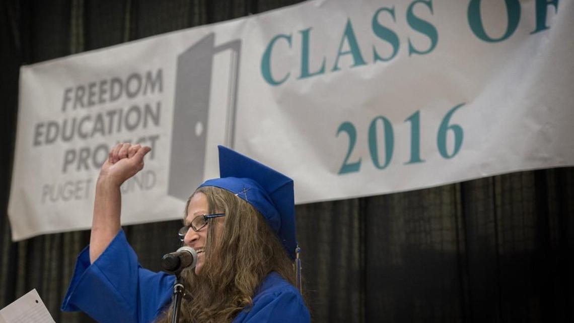 Lenore Smith celebrates after getting her Associate of Arts degree at the Washington Corrections Center for Women in Purdy in June.