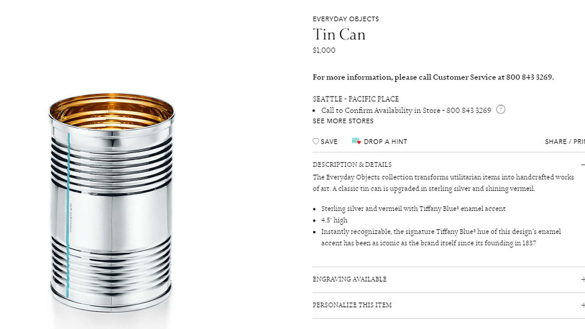 The website for Tiffany & Co. advertises a $1,000 tin can made from sterling silver. (Photo: Tiffany & Co.)