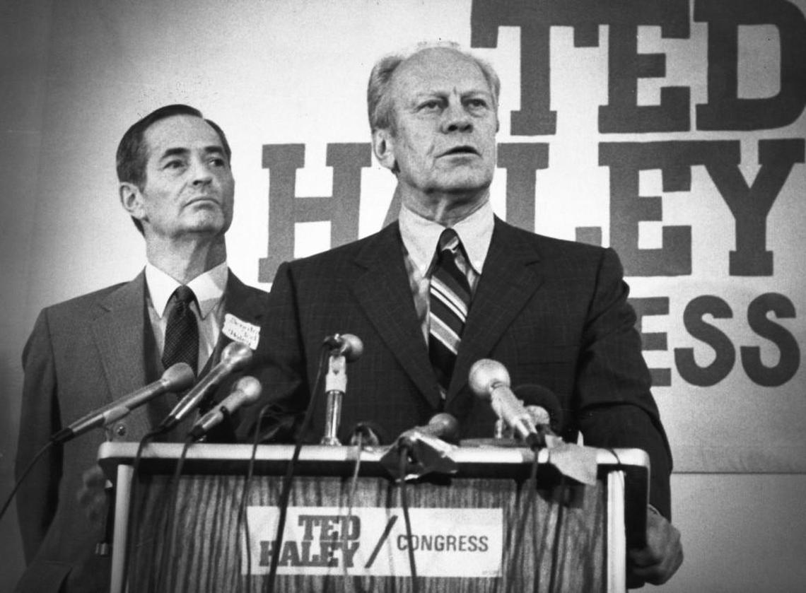 Former President Gerald Ford campaigns for Republican state Sen. Ted Haley during his 1982 attempt to unseat U.S. Rep. Norm Dicks.