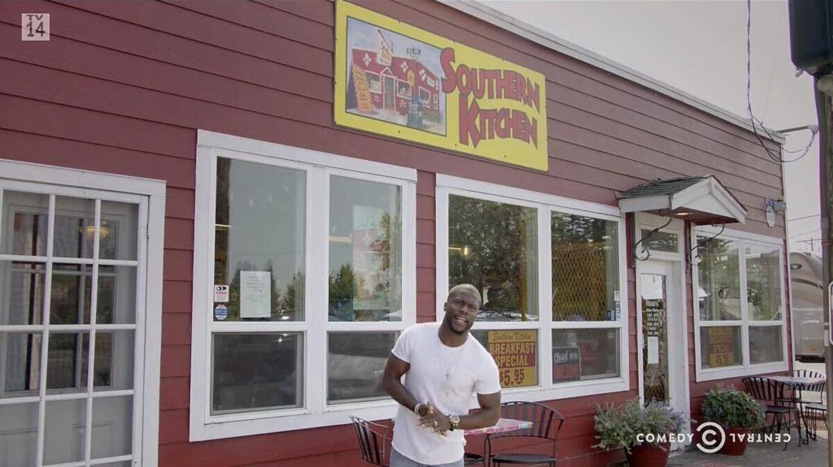 Comedian Kevin Hart stands outside the landmark Tacoma restaurant Southern Kitchen where he interviewed four up and coming local comics for his Comedy Central series "Hart of the City." Ironically, the episode was titled "Seattle."