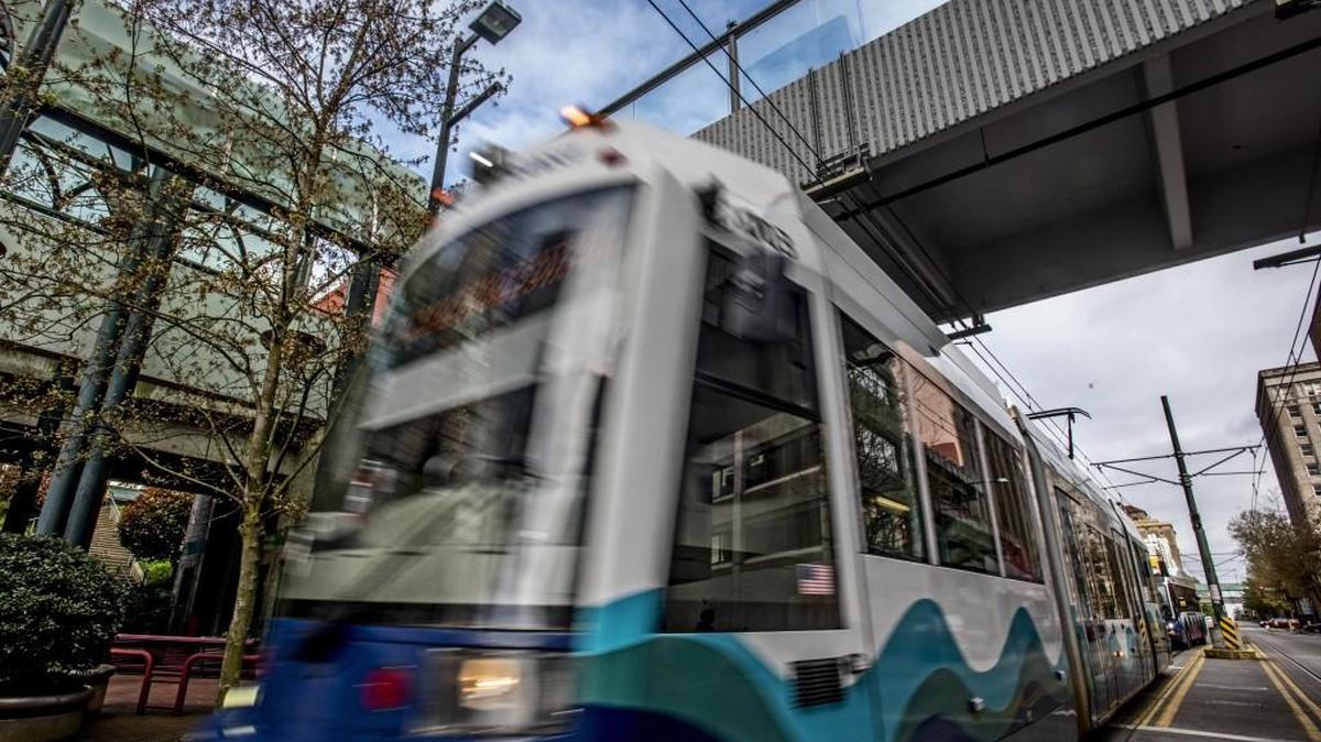 A Link light rail train leaving the Commerce Station in Tacoma on April 12. Sound Transit proposes spending $50 billion over the next 25 years to expand light rail, commuter train and express-bus services across the Puget Sound region. Voters would need to approve nearly $27 billion in new taxes this fall for the projects to move ahead.