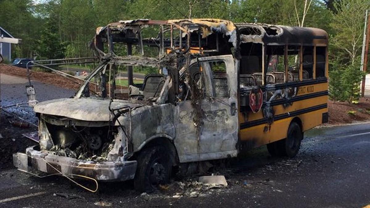 A charred hulk was all that was left of an 8-seat school bus that burst into flames Monday in Puyallup. The driver was able to get students out, and nobody was hurt.